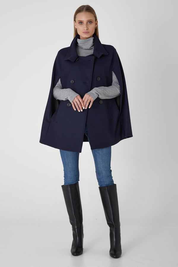 Heritage Double Breasted Wool Cashmere Cape - Navy