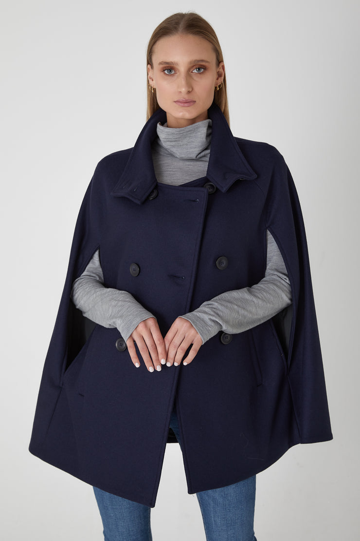 Heritage Double Breasted Wool Cashmere Cape - Navy