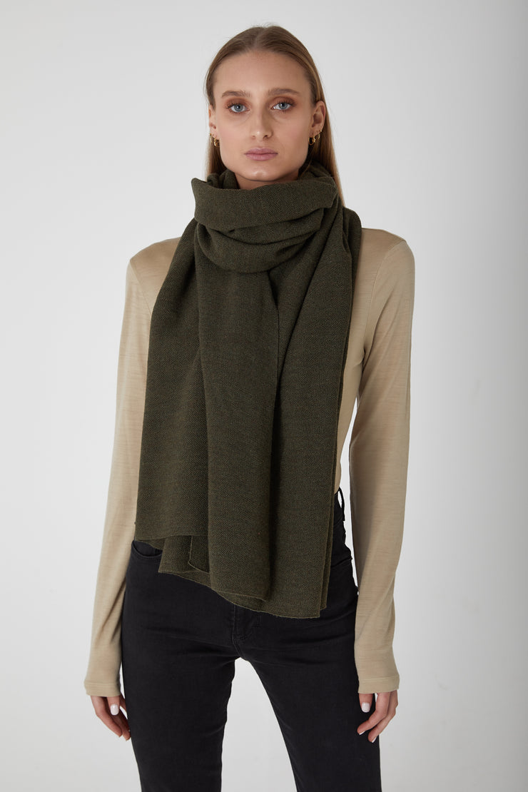 Oversized Knitted Merino Wool Wrap Scarf - Deep Olive