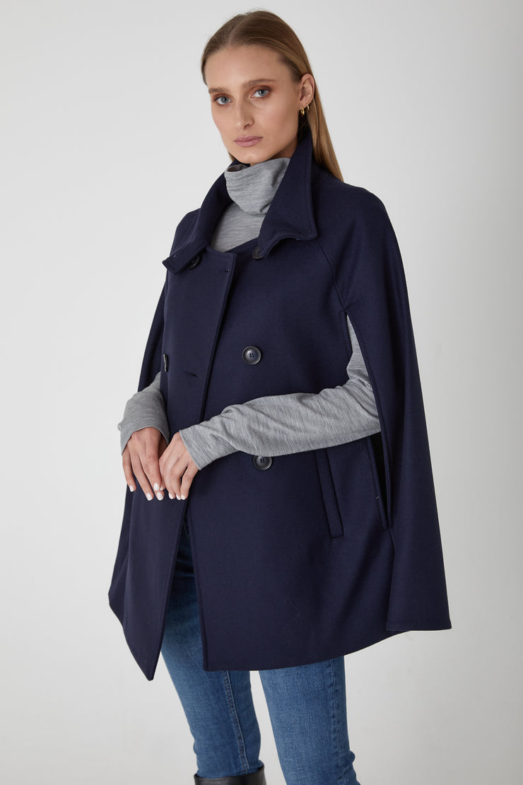 Heritage Double Breasted Wool Cashmere Cape - Ink