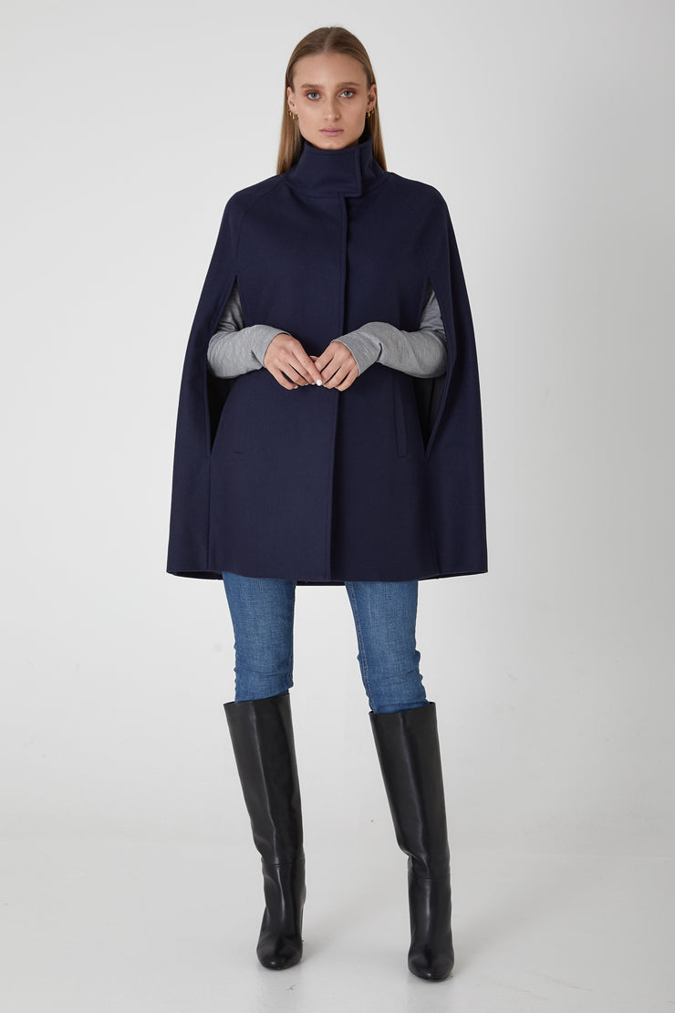 Single Breasted Wool Cashmere Cape - Ink
