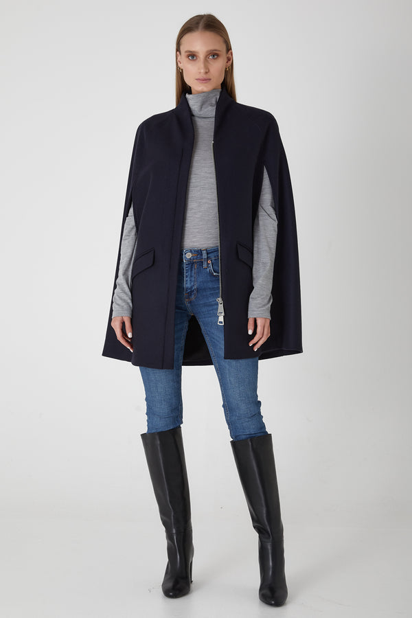 Chelsea Wool Cashmere Cape Coat - Navy