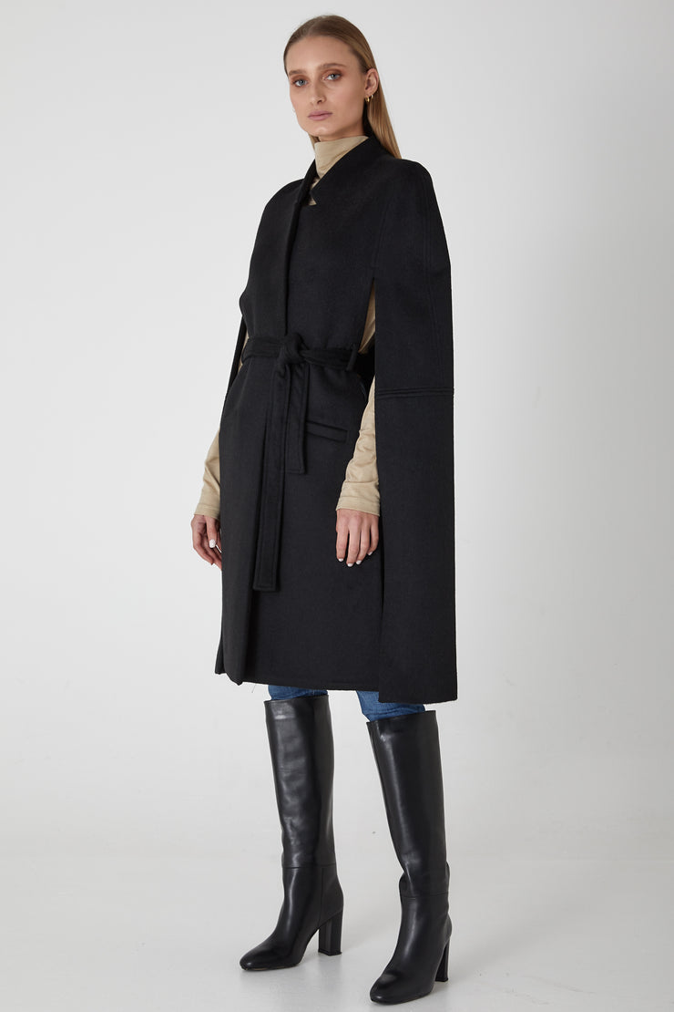 Victoria Longline Wool Cape - Black