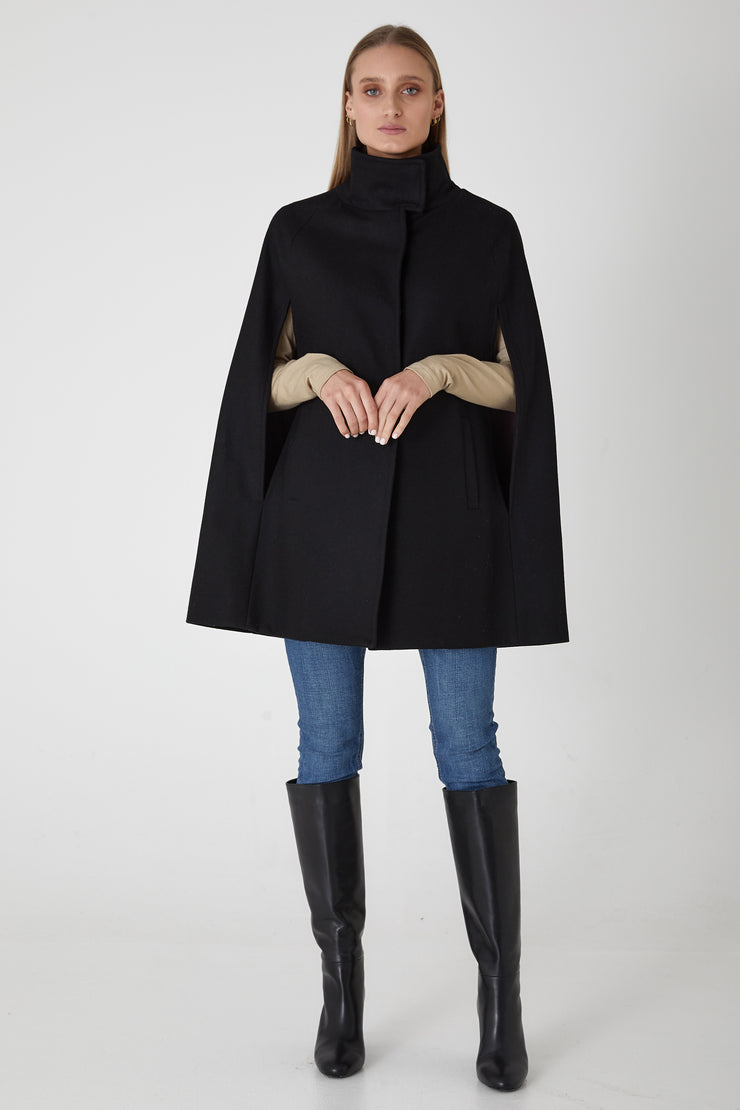 Single Breasted Wool Cashmere Cape Coat - Black