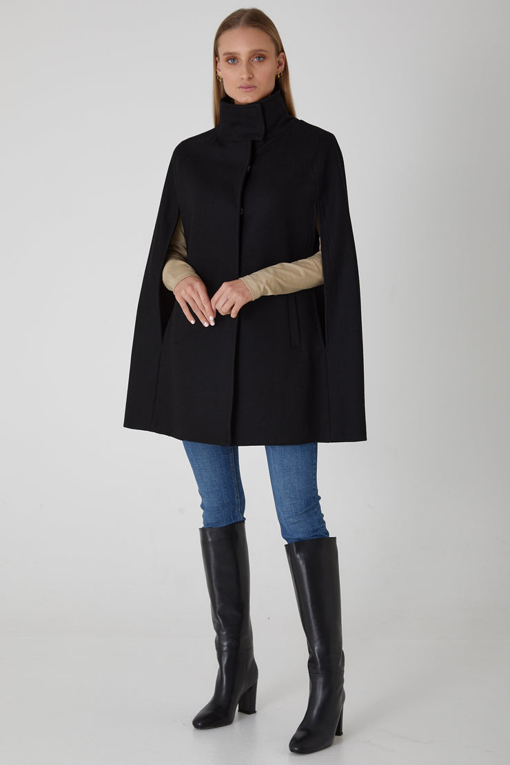 Single Breasted Wool Cashmere Cape - Black